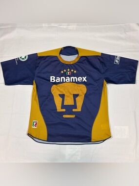 Vintage Lotto Puma Pumas UNAM Mexico Soccer Jersey Mens XL Gold Blue Banamex